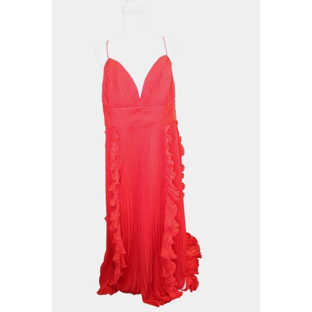 Mac Duggal Red Pleated Gown With Ruffle Details, Size 18 NWT